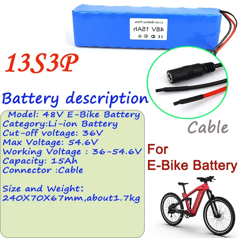 100% New Original 13S3P 48V Li-ion Battery 15Ah Cable Connector And BMS For Ebike Battery Pack