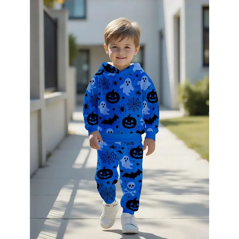 Boys Hoodie Jogger Set: Pumpkin Ghost Spider Print, Neon Monster Graffiti, Cartoon Grim Reaper Kids Casual 2-piece Tracksuit