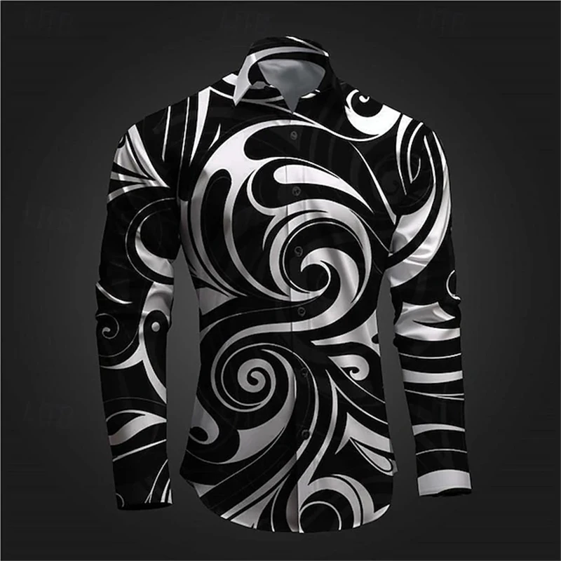 Optical Illusion Men's Shirts Abstract 3D Printed Shirt Daily Wear Going Out Spring Turndown Long Sleeve Streetwear Baggy Tops