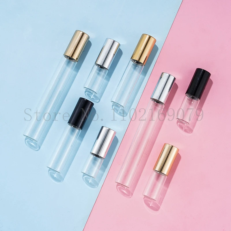 50Pcs/Lot 1 2 3 5 10ml Clear Transparent Amber Brown Glass Roll-On Bottle with Metal Roller Essential Oil Vials