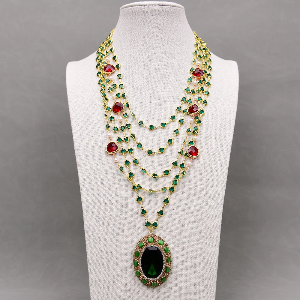 G-G 18'' 5 Rows Natural White Pearl Green Red Glass Chain Necklace Green Cat eye Crystal Pendant Handmade Vintage Party Style