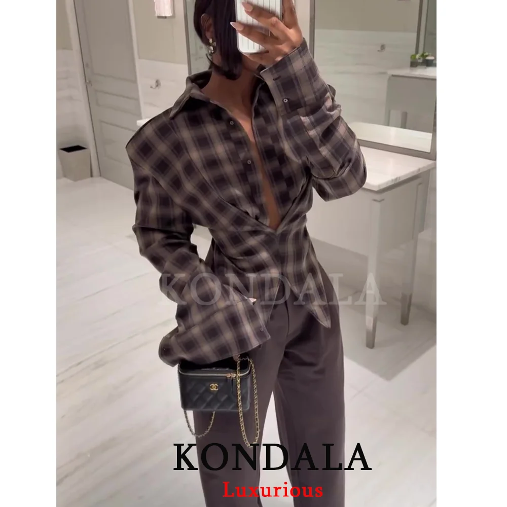 

KONDALA Vintage Plaid Slim Waist Shirts V Neck Long Sleeve Elegant Blouses Fashion 2025 Autumn Streetwear Buttons Y2K Girl Tops
