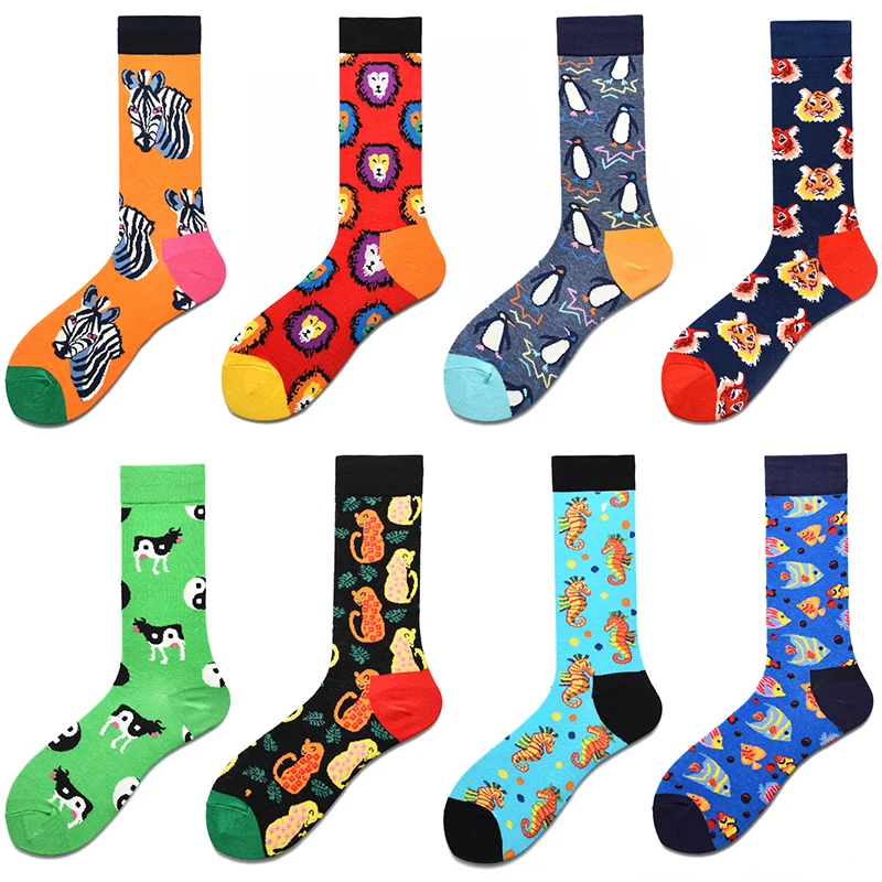 Chaussettes pour hommes, tube moyen et long, série animaux, hippocampe, poisson-lion, tendance, nouvelle collection