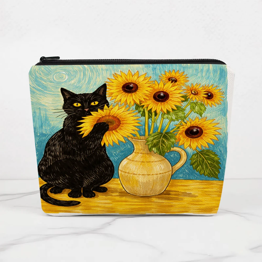 Black Cat Sunflowers Vase Art Makeup Bags for Girls Cosmetic Pouch Toiletry Bag Pencil Case Travel Storage