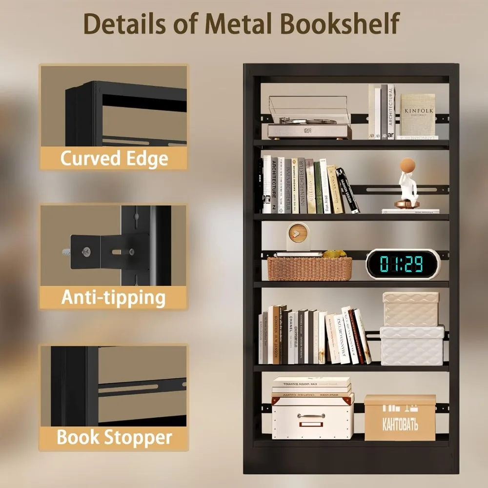 رف كتب معدني شديد التحمل مكون من 5 طبقات قابل للتعديل لتخزين المكتبة والمكتب بتصميم طويل