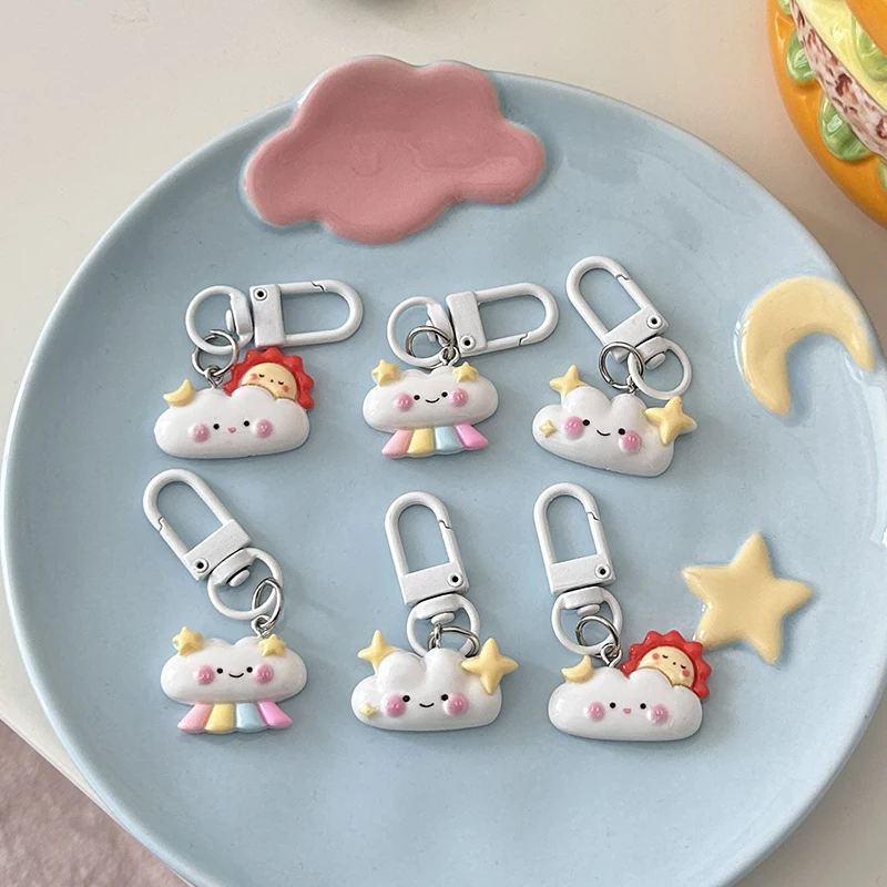 Kawaii Cloud Keychain Cute Cartoon Resin Keyring Car Key Holder School Bag Pendant Backpack Hanging Decoration Lovely Gifts