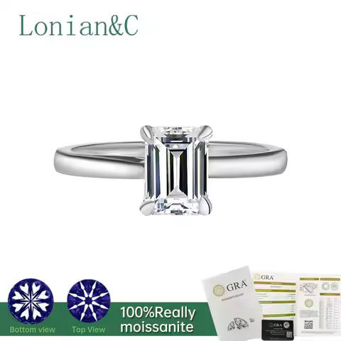 Lonian&amp;C 6*8mm Emerald Cut Moissanite Ring Lab Diamond D Color VVS 1CT/2CT 925 Sterling Silver Rings Wedding Jewelry