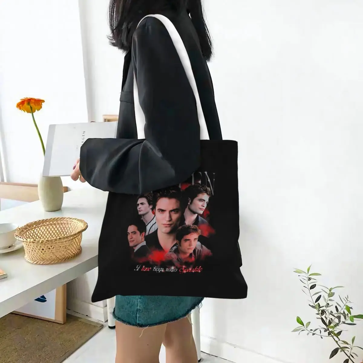 The Twilight Saga Edward Cullen  Shopping Bags Canvas The Tote Bag Foldable for Ladies Shoulder Tote Travel Handbag