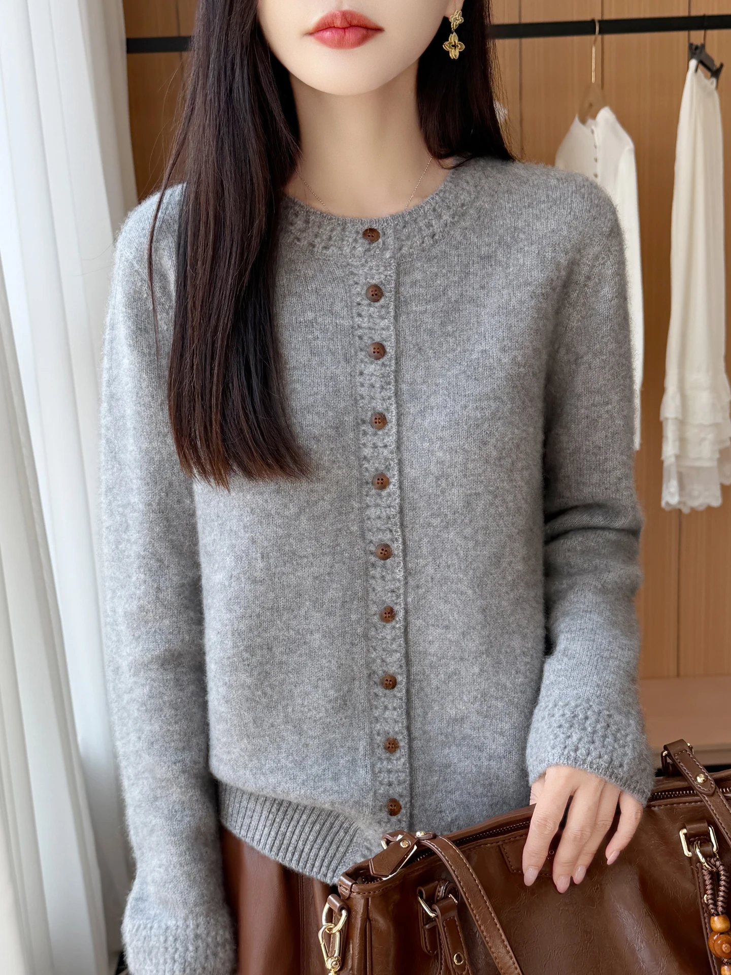 Autumn Winter Women 100% Merino Wool Cardigan Round Neck Button Long Sleeve Knit Sweater Solid Loose Warm Casual Knitwear