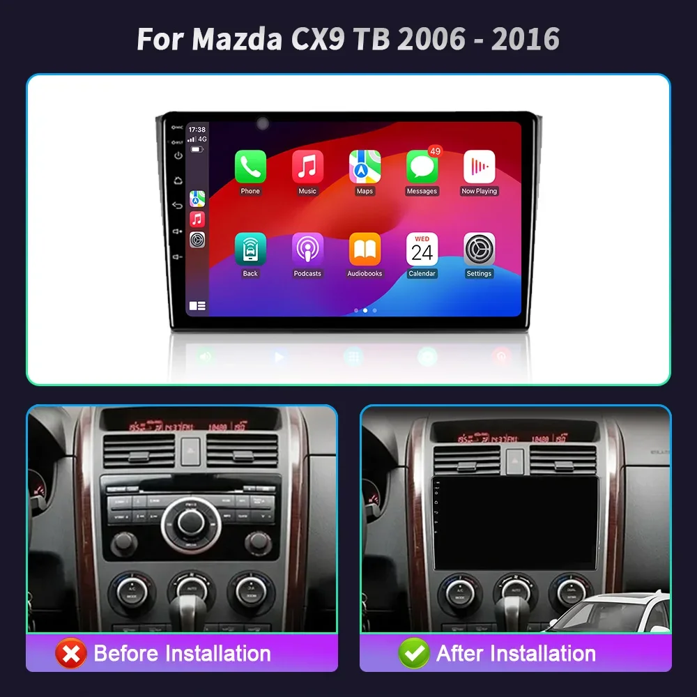 For Mazda CX9 TB 2006-2016 Car Radio Multimedia System player Stereo Auto Bluetooth Android 14 Wireless CarPlay Screen