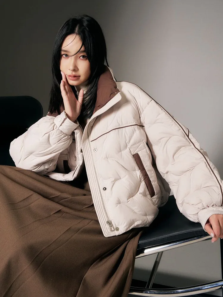 Fashion Contrasting Color Puff Jacket For Women Quilted Spliced Stand Up Collar Down Coat American Winter New Thicken Overcoat