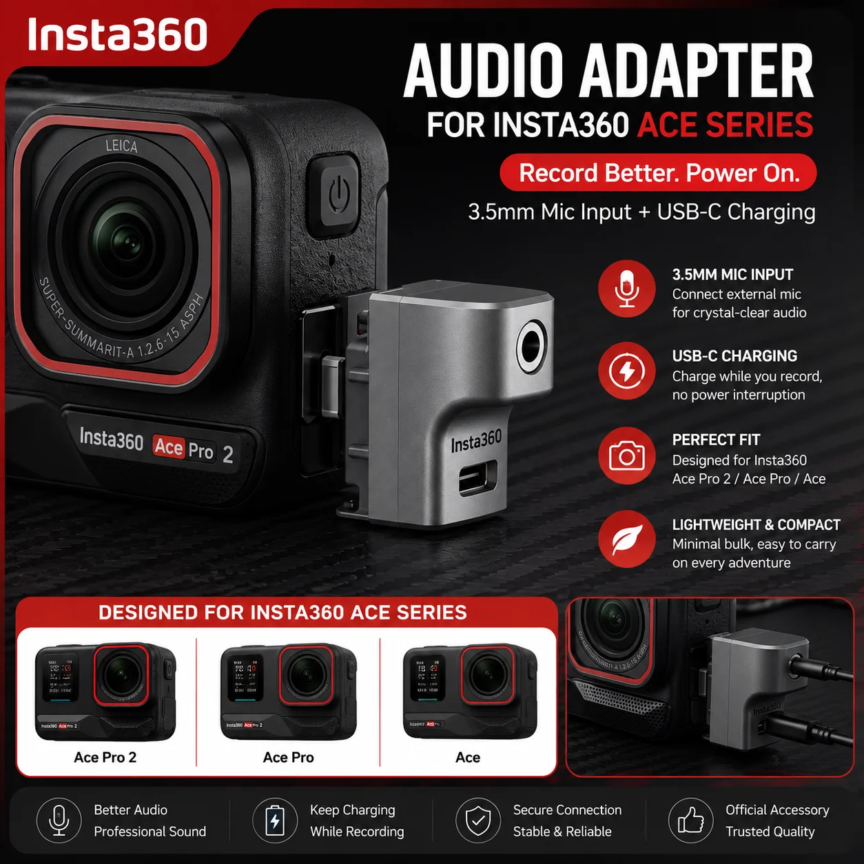 Audioadapter voor Insta360 Ace Pro 2 Ace Pro Ace 3,5 mm microfooningang USB C oplaadpoort Camera-accessoire