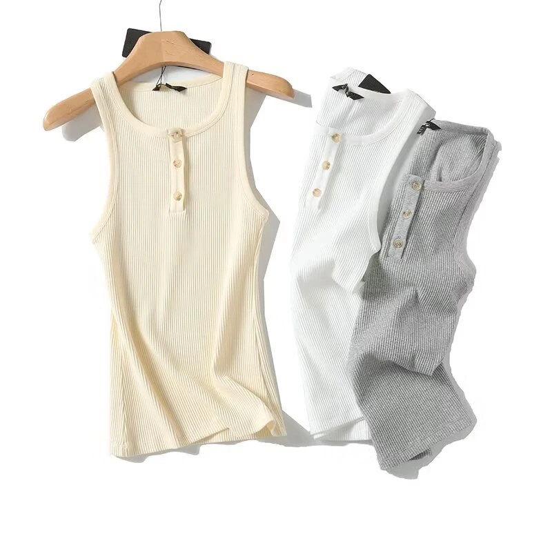 Maxdutti Single Breasted Knitted Ribbed Sleeveless Nordic Minimalist Fashion Office Ladies Summer T-shirt For Woman Clothing