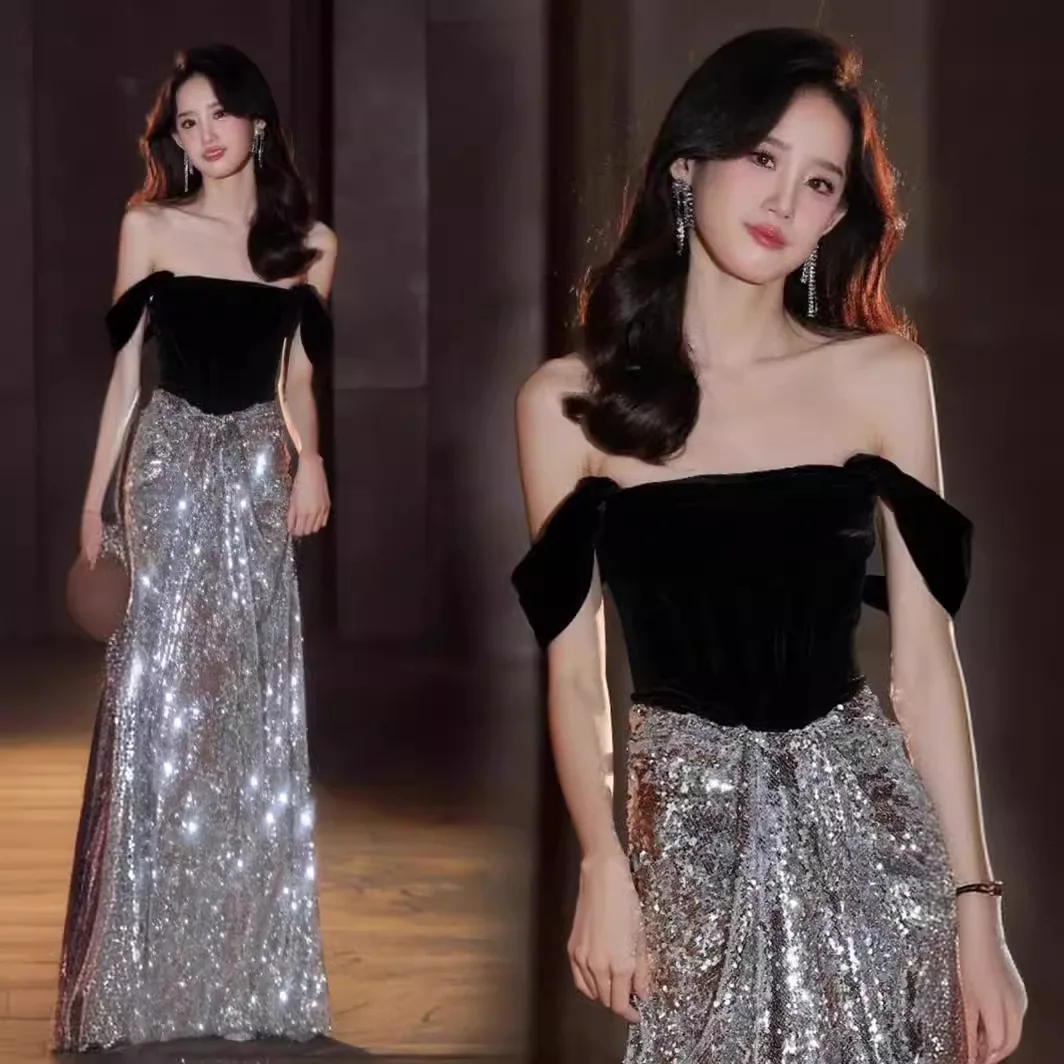 

Bla Velvet Evening Gown Wedding Dr Host Starlight Princ Fugitive Bridal Toasting Costume High Waist Silk Chiffon