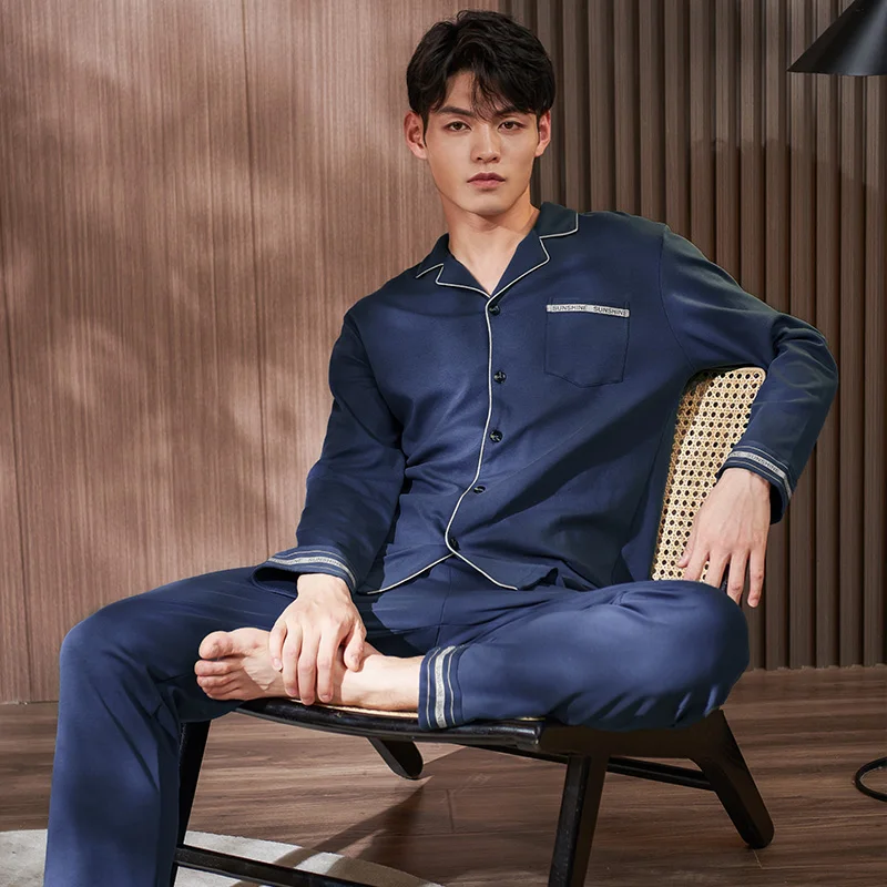 Men Pajamas Sets Pure Cotton Pyjamas Sleepwear Nightwear Long Sleeve Long Pants Casual Tracksuit Spring Autumn Pijamas Hombre