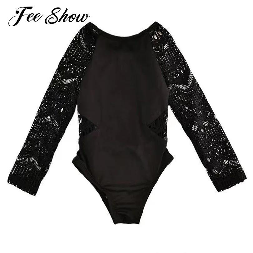 

Girl Swimwear One-piece Swimming Leotard Bodysuit Long Sleeve Lace Patchwork See-through Swimsuit Bathing Suit for Beach Holiday