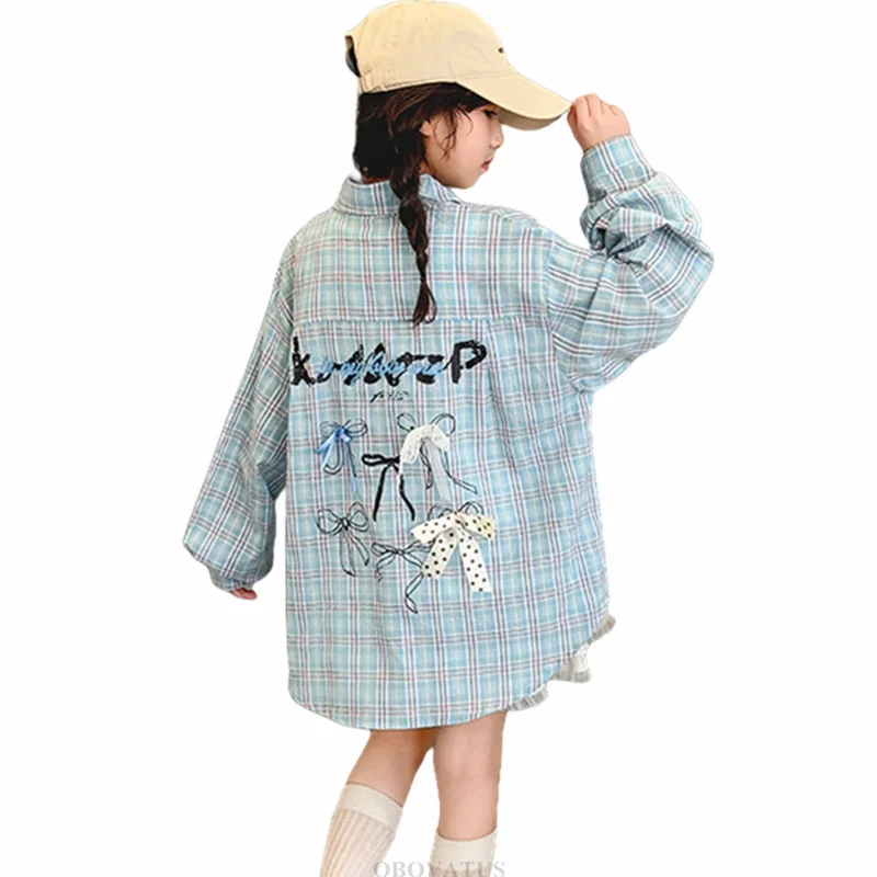 

New Arrival Kids Blue Plaid Blouse For Girls Long Style Loose Shirt Tops Outfit Teens Child Spring Autumn Long Sleeve Clothing