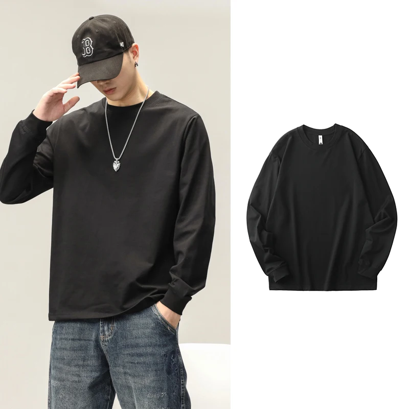 Cotton Long-Sleeved T-Shirt Men's Spring And Autumn Basic Solid Color Inner Loose Sweatshirt Men's White Bottoming Shirt