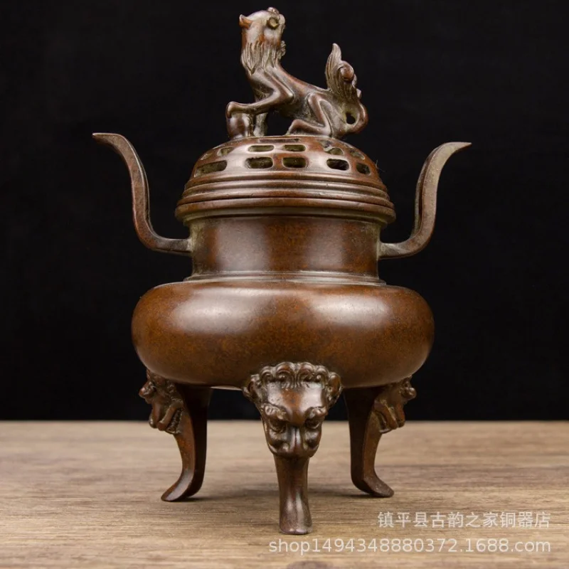 Pure Copper Three Beast Foot Bridge Ear Tengu Incense Aromatherapy Burner Ornament for Office Living Room Shop Desktop De