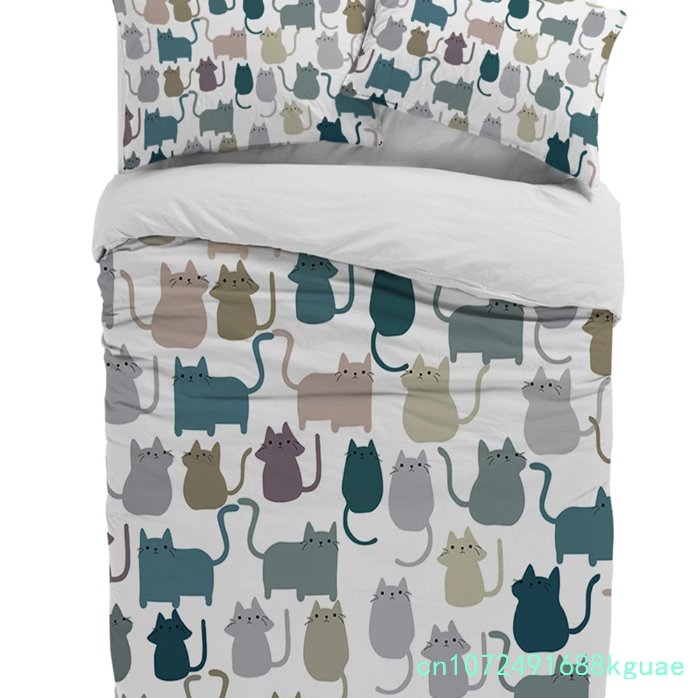 Kawaii Colorful Cat White Duvet Cover Bed Bedding Set Home Textile Quilt Cover Pillowcases Bedroom Double Bedding Set No Sheet