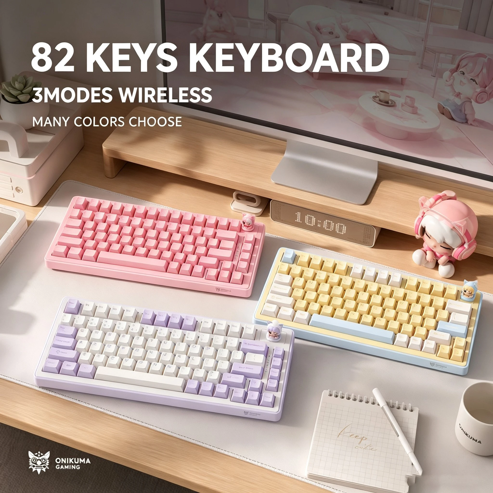 SUMREDA MT70 Pink Cute Weireless Gaming Mechanical Keyboard 75% Layouts 82 Keys Bluetooth 2.4G Wired RGB Hotswap Gamer Keyboard