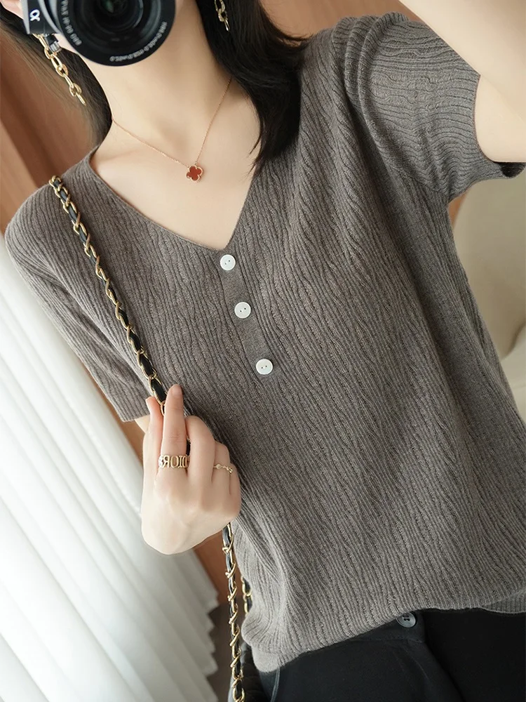 TuangBiang Summer 2023 Translucent Hollow Out Women Pullovers Button V-Neck Short Sleeve Knitted Grey T-Shirt Cotton Thin Tops