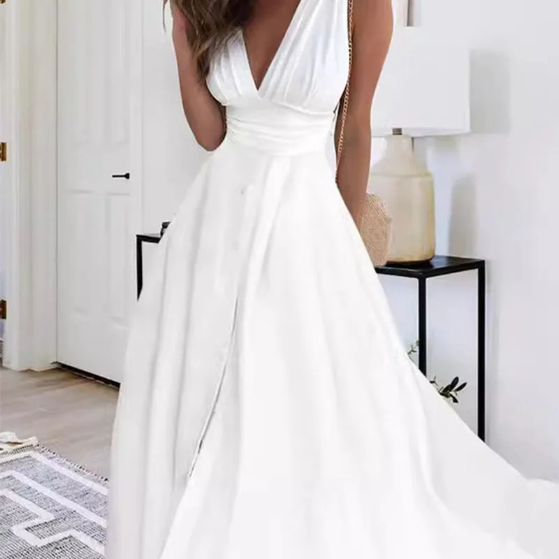 Abito lungo estivo da donna elegante Solido senza maniche Vestito estivo da vacanza Sexy scollo a V Boho Casual Abiti maxi allentati Abiti femminili