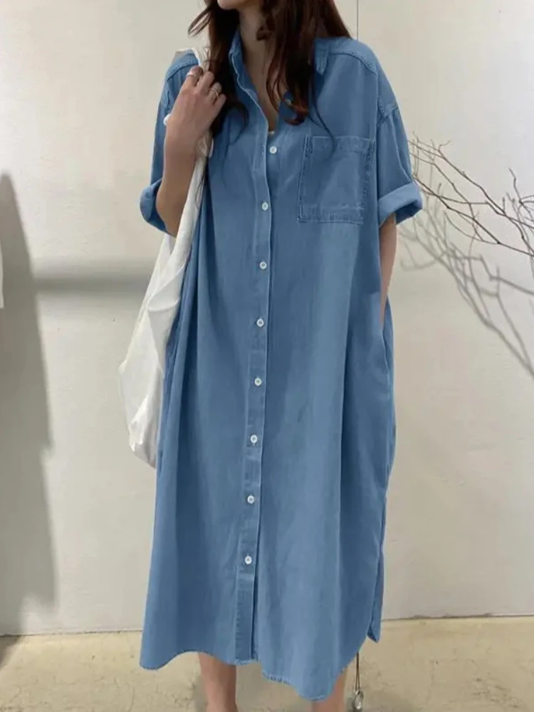 2024 Autumn Fashion Collection New Women\'s Cowboy Long Dress Loose Single Breasted Flip Collar Casual Medium Long Shirt Dress