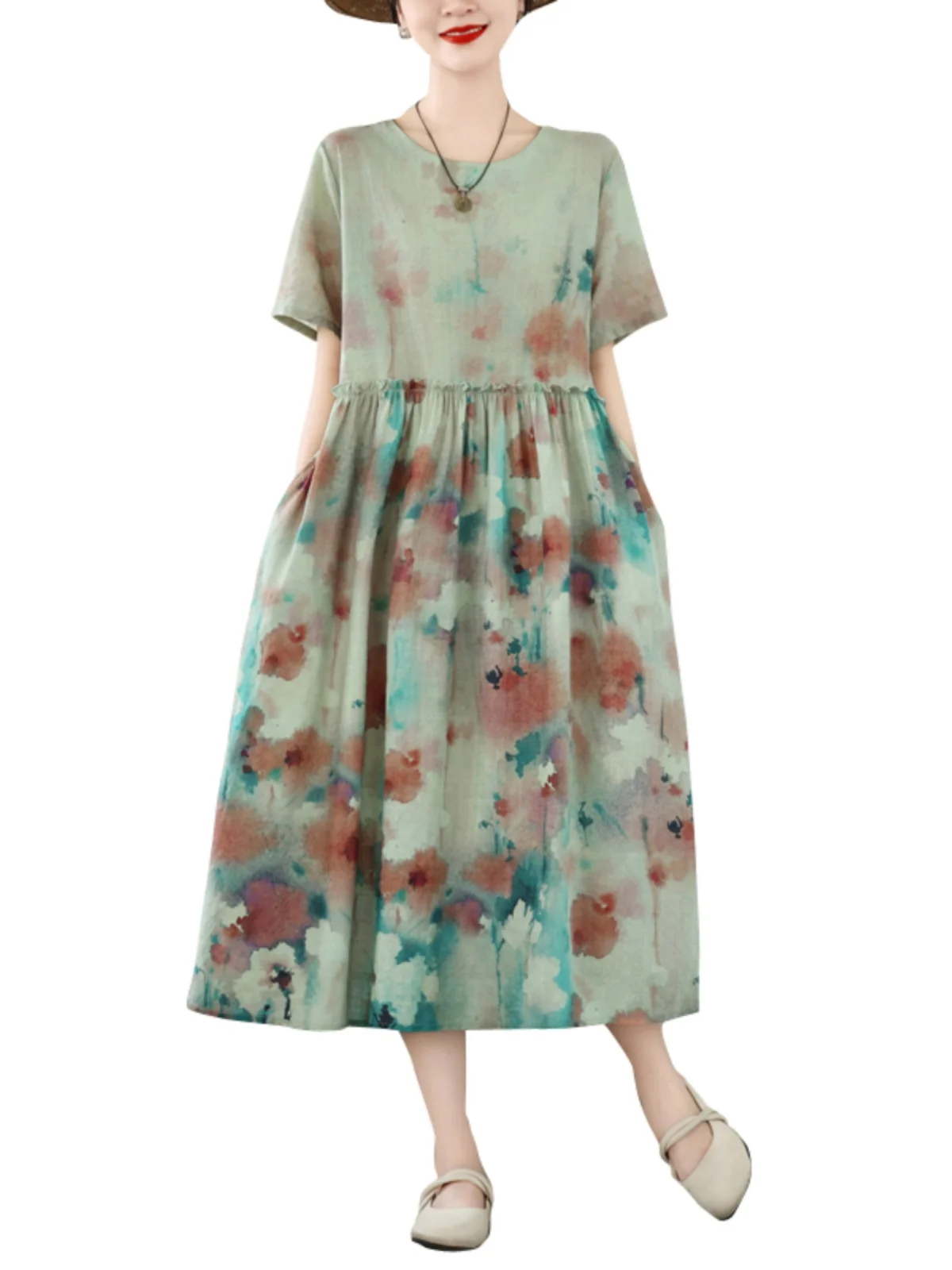 レトロなコットンリネンまたはスウェードのような大きなサイズの女性用ファッション、ラウンドネック、ゆったりとした花柄のAラインスカート、通勤用、プリント入りD...