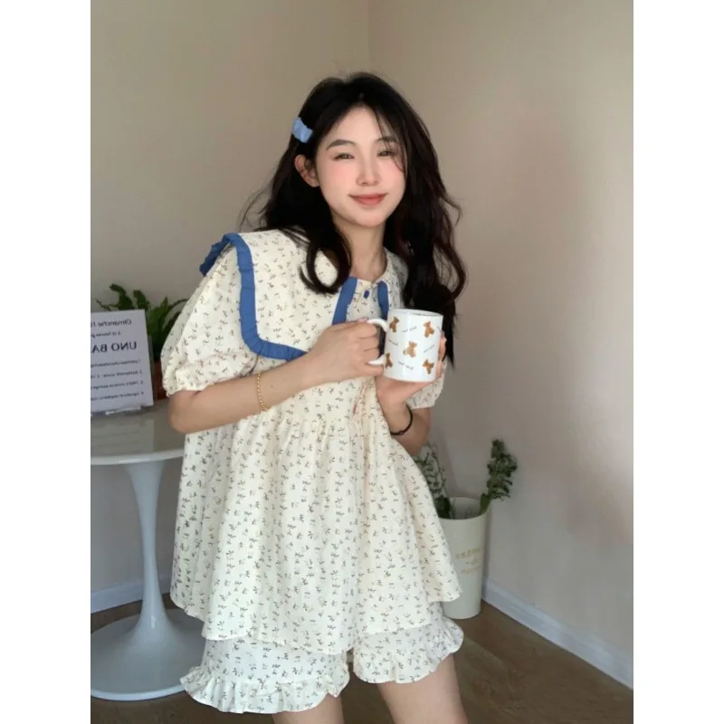 

Sweet Y2k Babydoll Collar Women Summer Sleepwear Short Sleeve Tops Shorts Two-piece Set Pajama Sets Kawaii Nightwear Loungewear