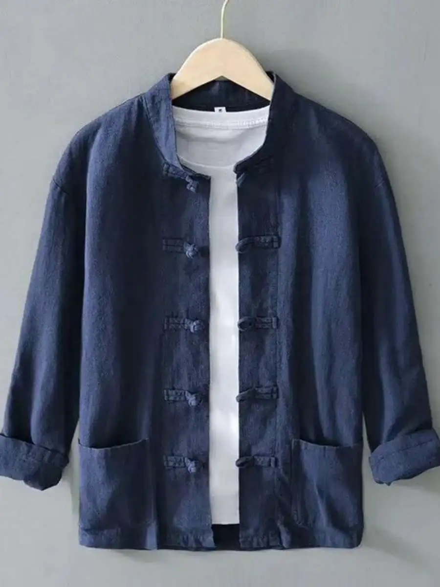 

New Summer Men's Cotton Linen Short Sleeve Tang Suit Loose Fit Large Size Half Four-Five Sleeve Hanfu Buddhist Robe