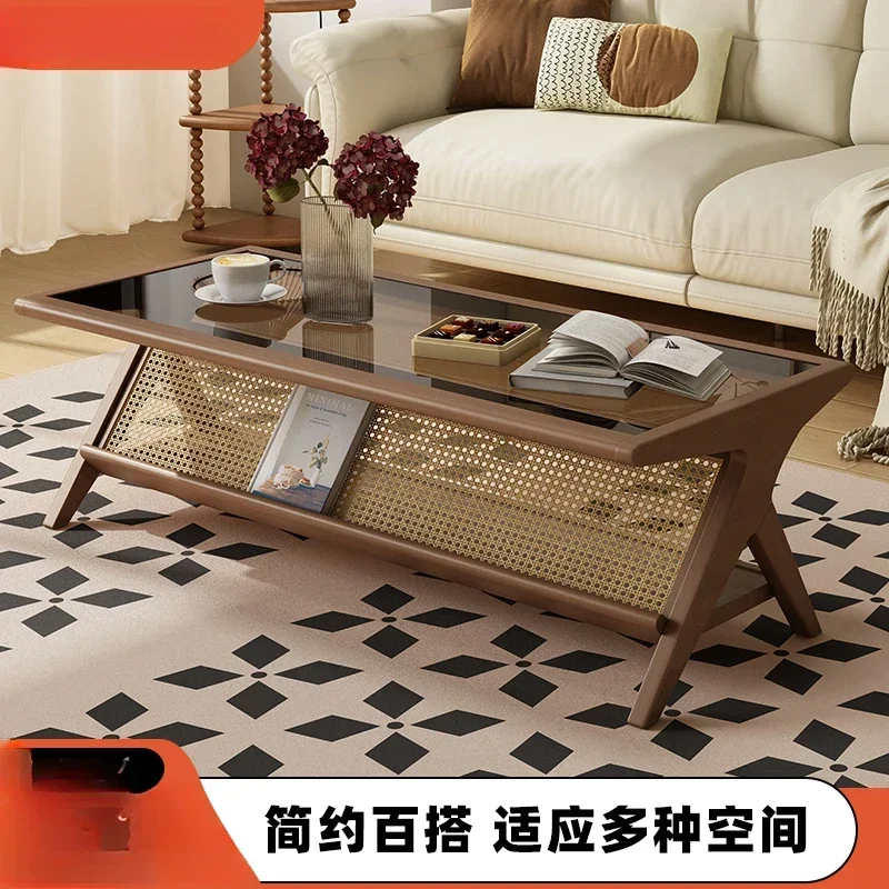 

Retro coffee table solid wood rattan living room household dining table dual-purpose glass rectangular simple modern apartment