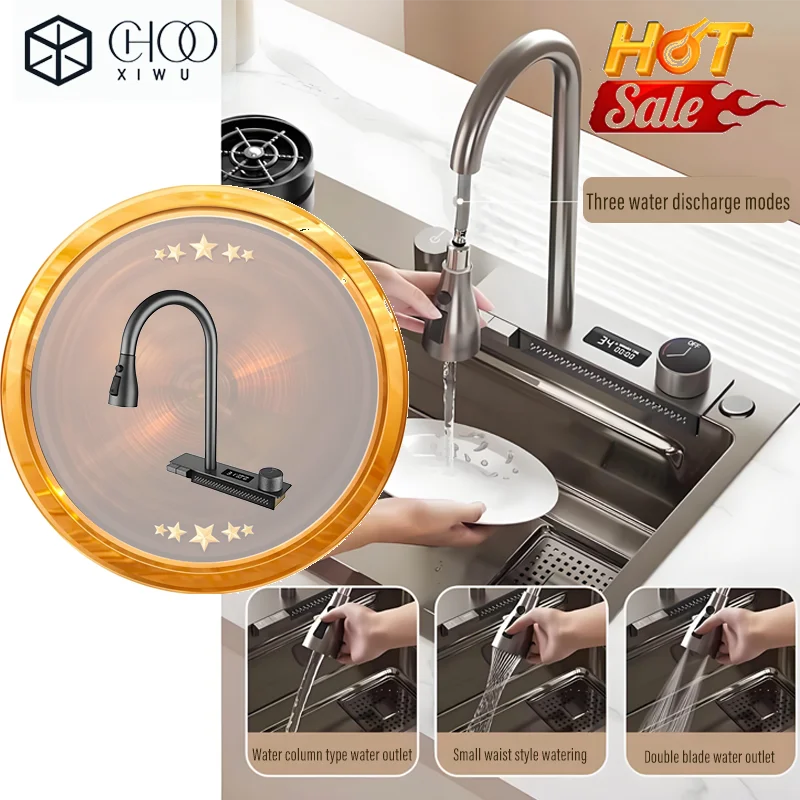 

Stainless steel kitchen sink with faucet digital display large trough waterfall shower piano key kitchen accessories extendable