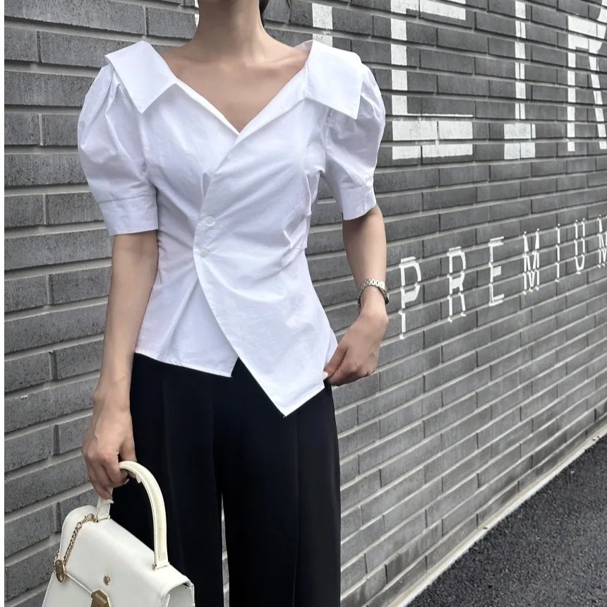 Slimming Striped Bubble Sleeve Shirt Korean Style Women's Fashion Top Short Sleeve Casual Shirt Waist-Cinching Design
