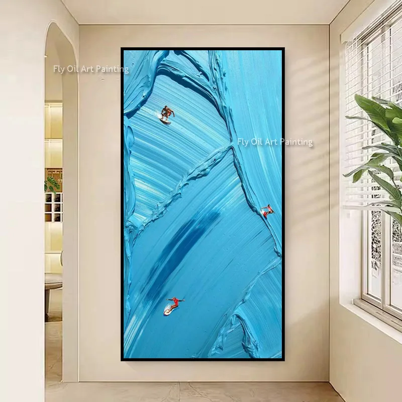 Large Handpainted Green Tennis Court Canvas Thick Oil Painting New Original Design Blue Sea People Surfing Wall Art For Decor
