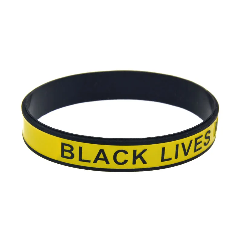 1 Stück schwarzes Armband mit dem Aufdruck „Black Lives Matter“ und einer silikonartigen Gummibandverstärkung, BLM-Armband, schwarz und gelb. – Detail 2