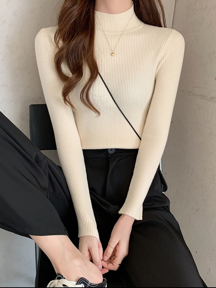 Autumn Winter Turtleneck Women Sweater Vintage Basic Solid Knitted Tops Casual Slim Pullover Korean Sweaters Simple Chic Jumpers