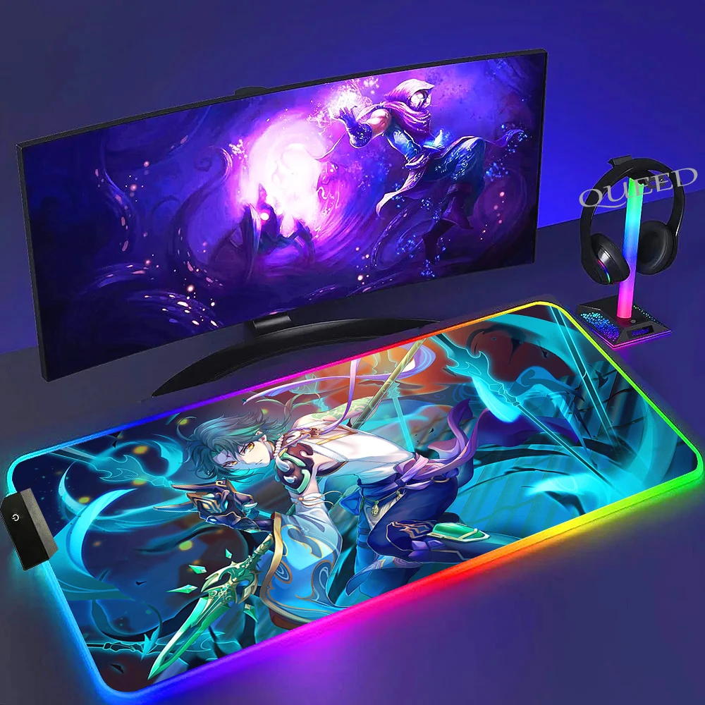 90x40cm LED Glowing Big Mouse Mats RGB Genshin Impact Xiao Mousepad Pc Gamer Keyboard Mouse Pad Rubber Gaming Computer Mausepad