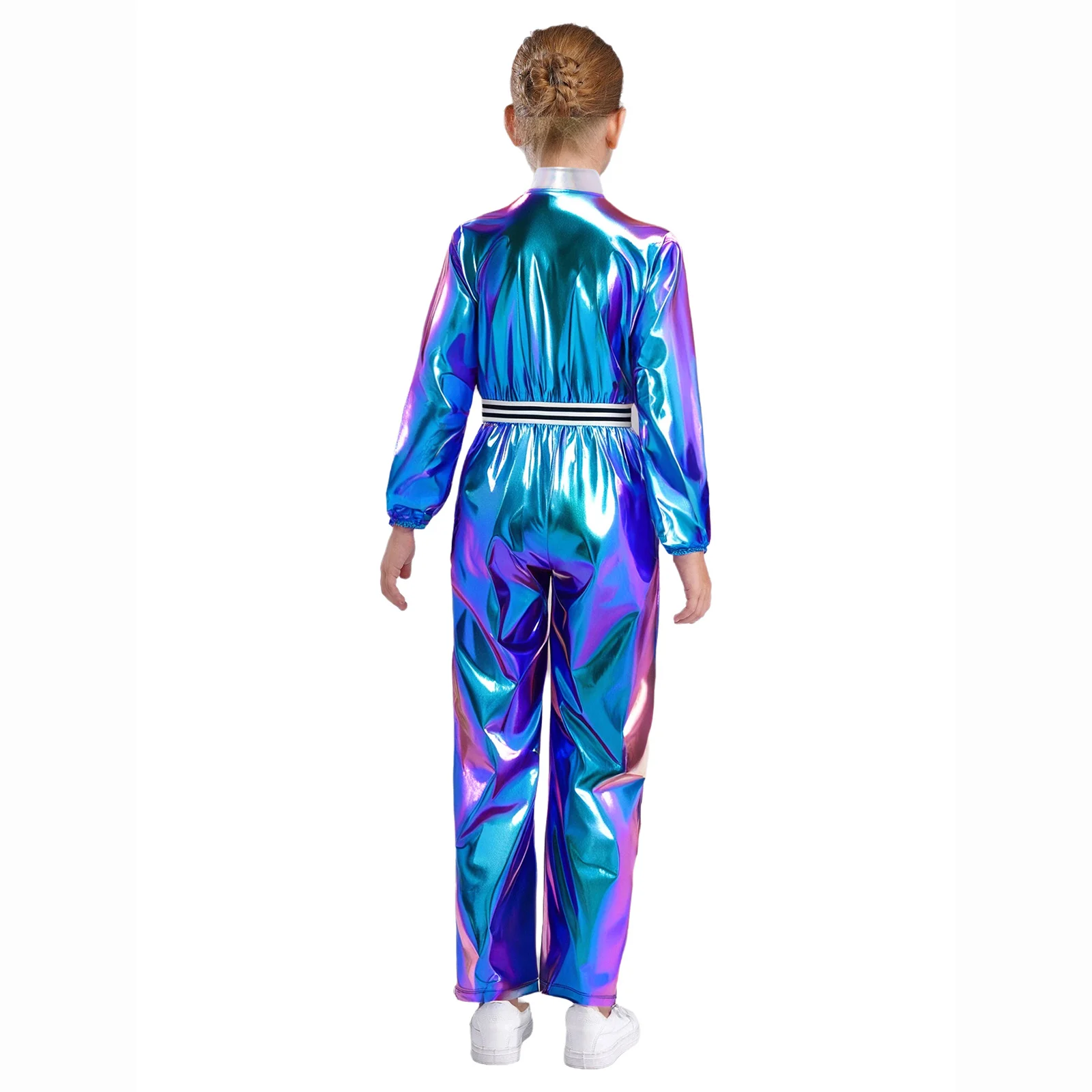 여아용 반짝이는 메탈릭 유니타드 점프수트 댄스웨어 체조 레오타드 무대 공연용 긴 소매 지퍼 바디수트