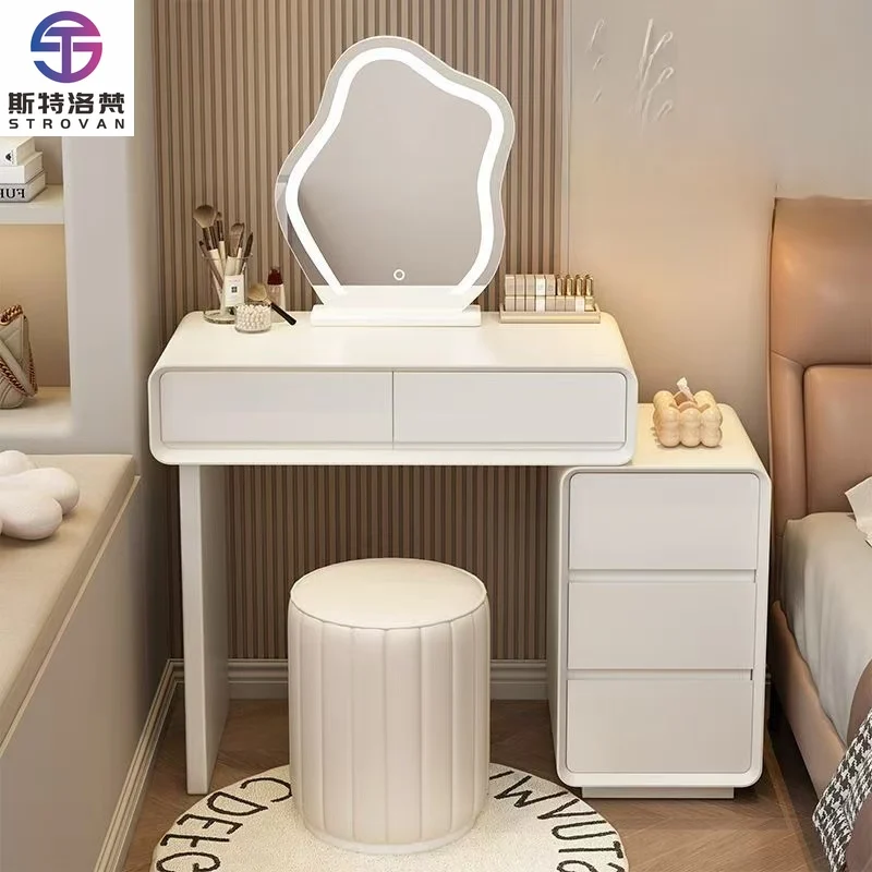 

Cream Style Mini Storage Cabinet Integrated Rock Plate Dressing Table Modern and Minimalist Bedroom