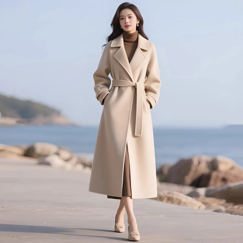 New Women Long Wool Blends Coat Spring Autumn Winter Fashion Suit Collar Slim Waist England Style Woolen Coat Elegant Outerwear