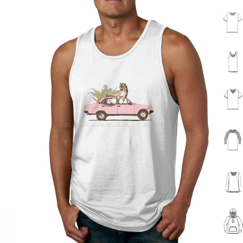 Tiger On Car Tank Tops Print Cotton Tiger Wild Car Exotic Palm Vintage Leaf Green Pink Orange Animal Stencil