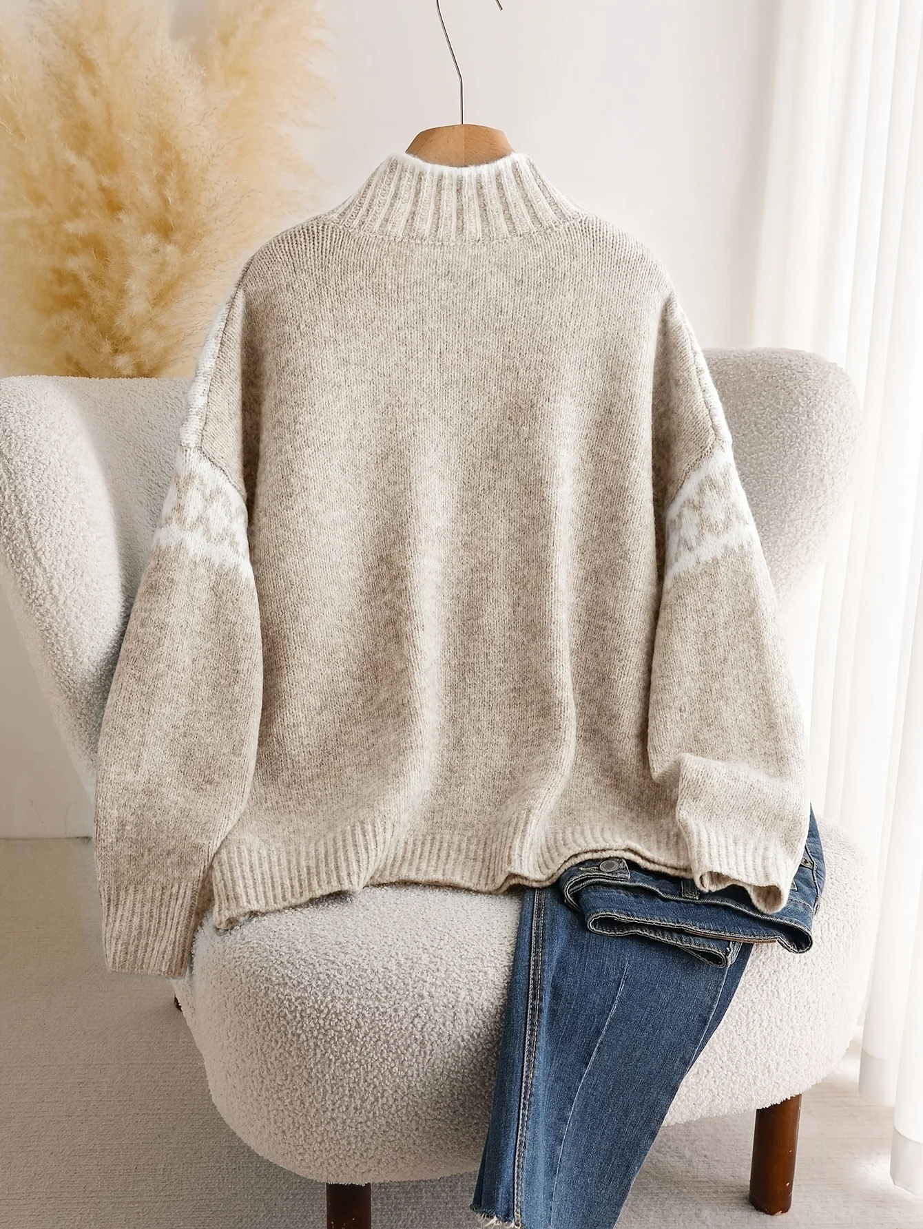 Women's half-high collar raglan sleeve jacquard design knitted shirt, vintage and laid-back style, autumn and winter style