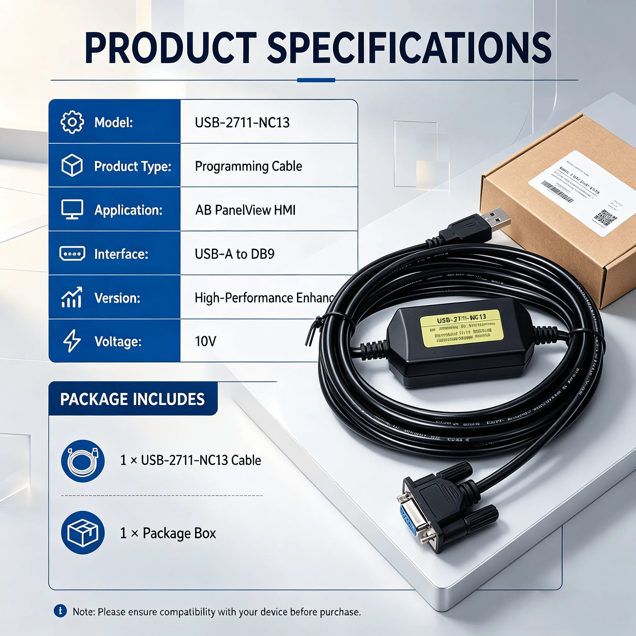 USB-2711-NC13 Programming Cable for AB PanelView HMI, USB to DB9 RS232 High Performance Data Download Cable, 10V