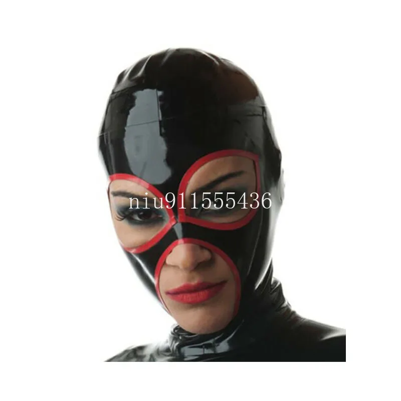 

Black Latex Hood with Red Trim Handmade Rubber Mask Back Zip for Catsuit Cosplay Club Wear