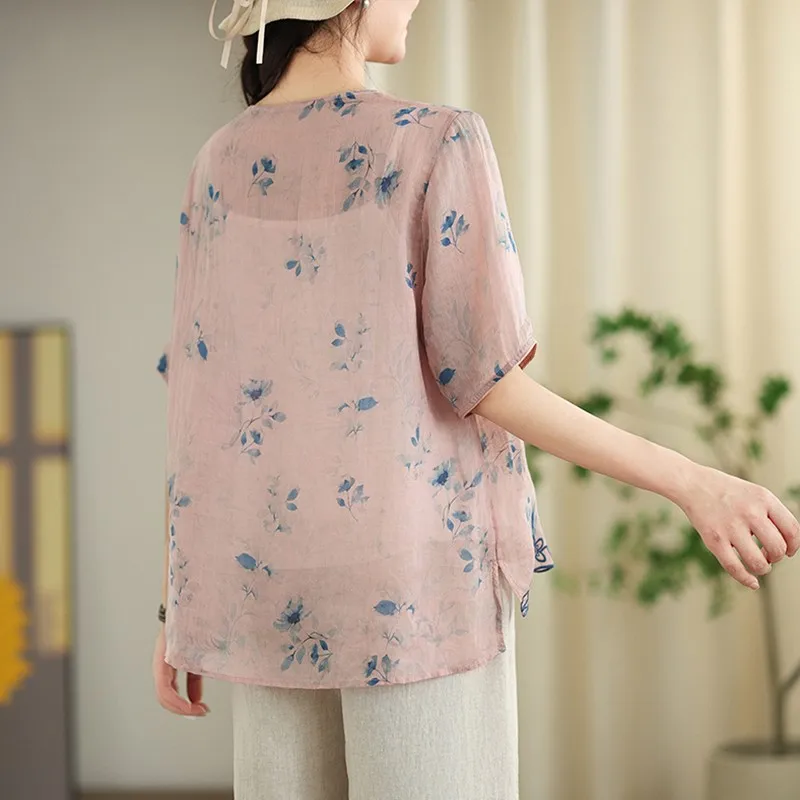 Women Casual Blouses Shirts New Arrival 2024 Summer Chinese Style Vintage Embroidery Loose Feamle Short Sleeve Tops B3882