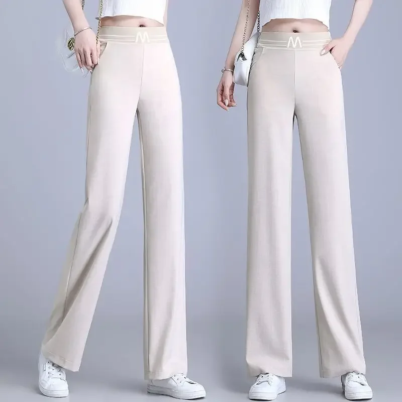 Spring Autumn Women's Clothing Solid Color Pockets Elastic High Waisted Casual Loose Trouser Suits Wide Leg Commuter Pants