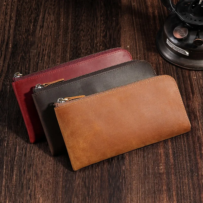 

Кожаный длинный кошелек Crazy Horse унисекс в стиле ретро, длинный кошелек на молнии с несколькими отделениями для карт, карман для телефона, кошелек из натуральной кожи для мужчин