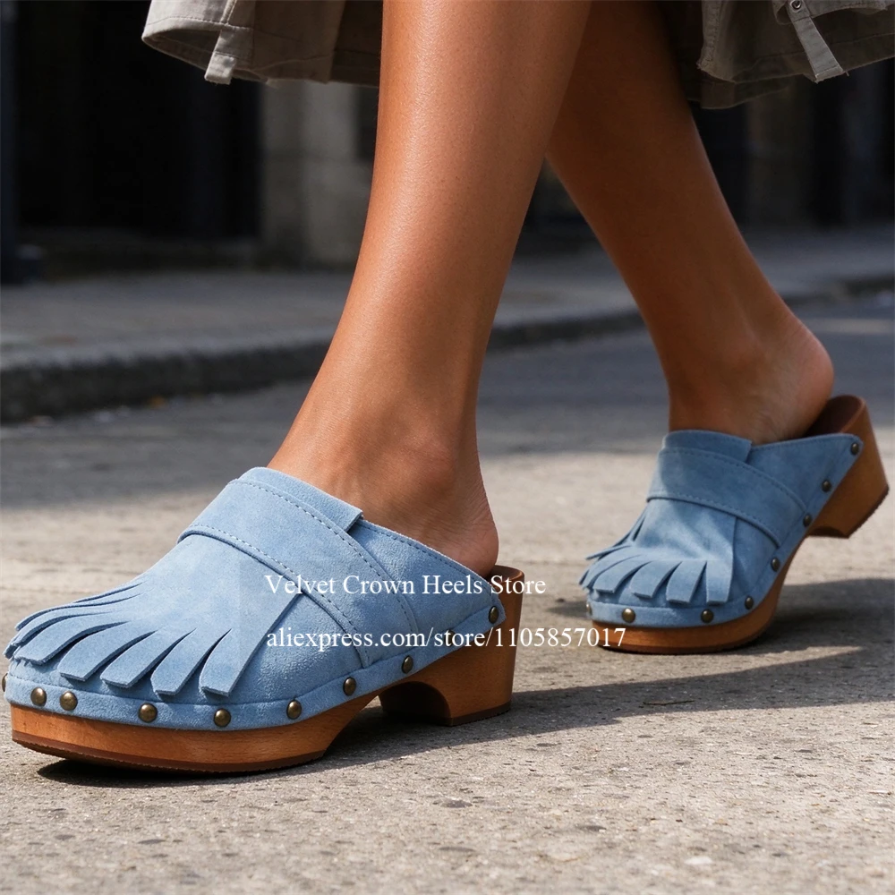 Suede Fringe Wooden Clogs Rivet Mules Slip on Round Toe Platform Chunky Heel Pumps Vintage Casual Slippers Daily Spring Summer