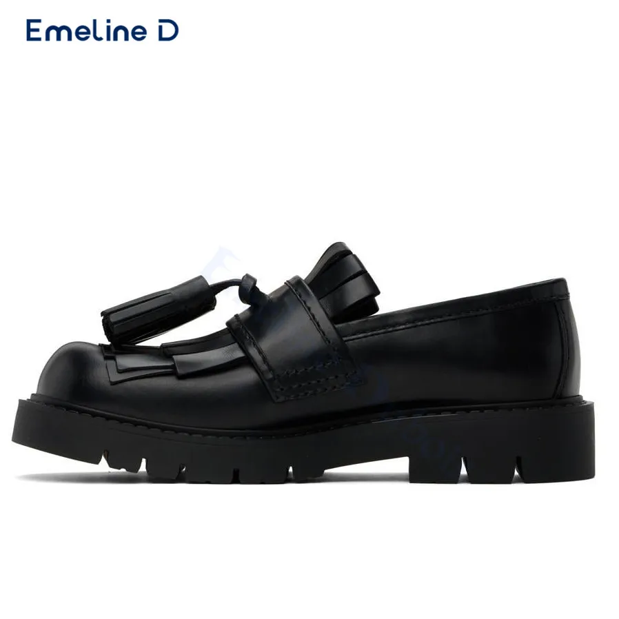 

Black Tassel Decorated Big Toe Shoes Big Toe Slip-On Thick-Soled Leather Shoes Fashion Trend Business Leather Casual Shoes